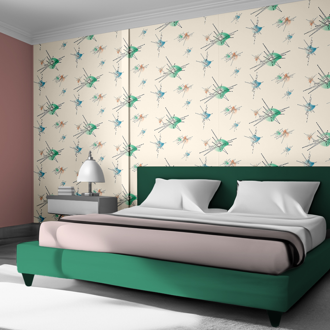 The artwork features a repeating geometric pattern of symmetrical shapes resembling elongated, curved diamonds or petals in various shades of blue and green. Each shape is split vertically with one half filled with a light blue and the other half filled with green or darker blue. The background is a light, almost pastel blue, which provides a soft yet vibrant backdrop. One of the blue shapes near the upper left contains a white starburst element, adding a focal point of brightness to the composition. The overall design conveys a modern, mid-century aesthetic with clean lines and harmonious color contrasts.